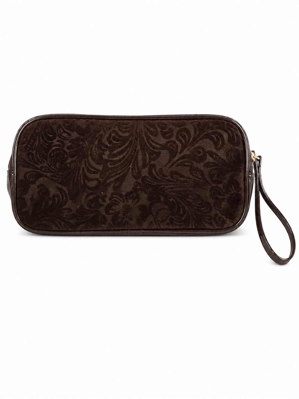 Brown Paisley Floral Suede Wristlet Clutch